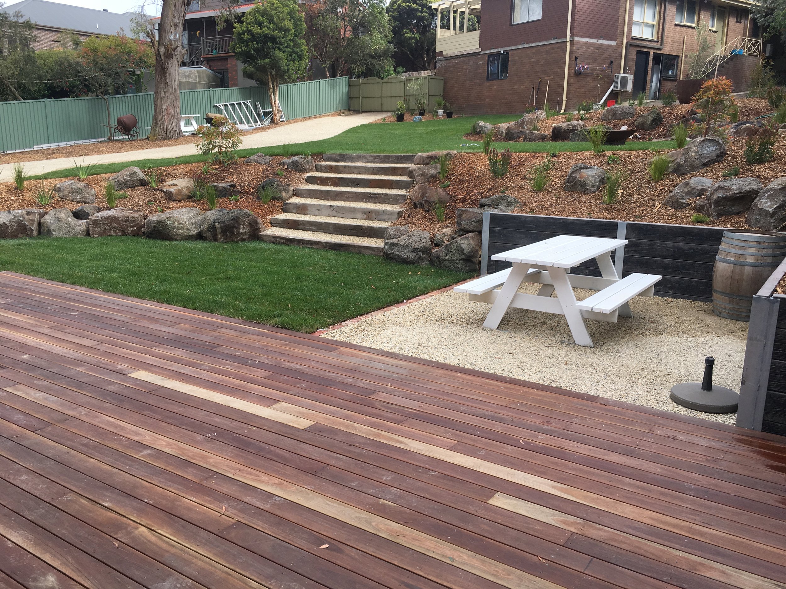 Deck, steps, garden beds with rocks as edging, instant turf and lilydale toppings pad