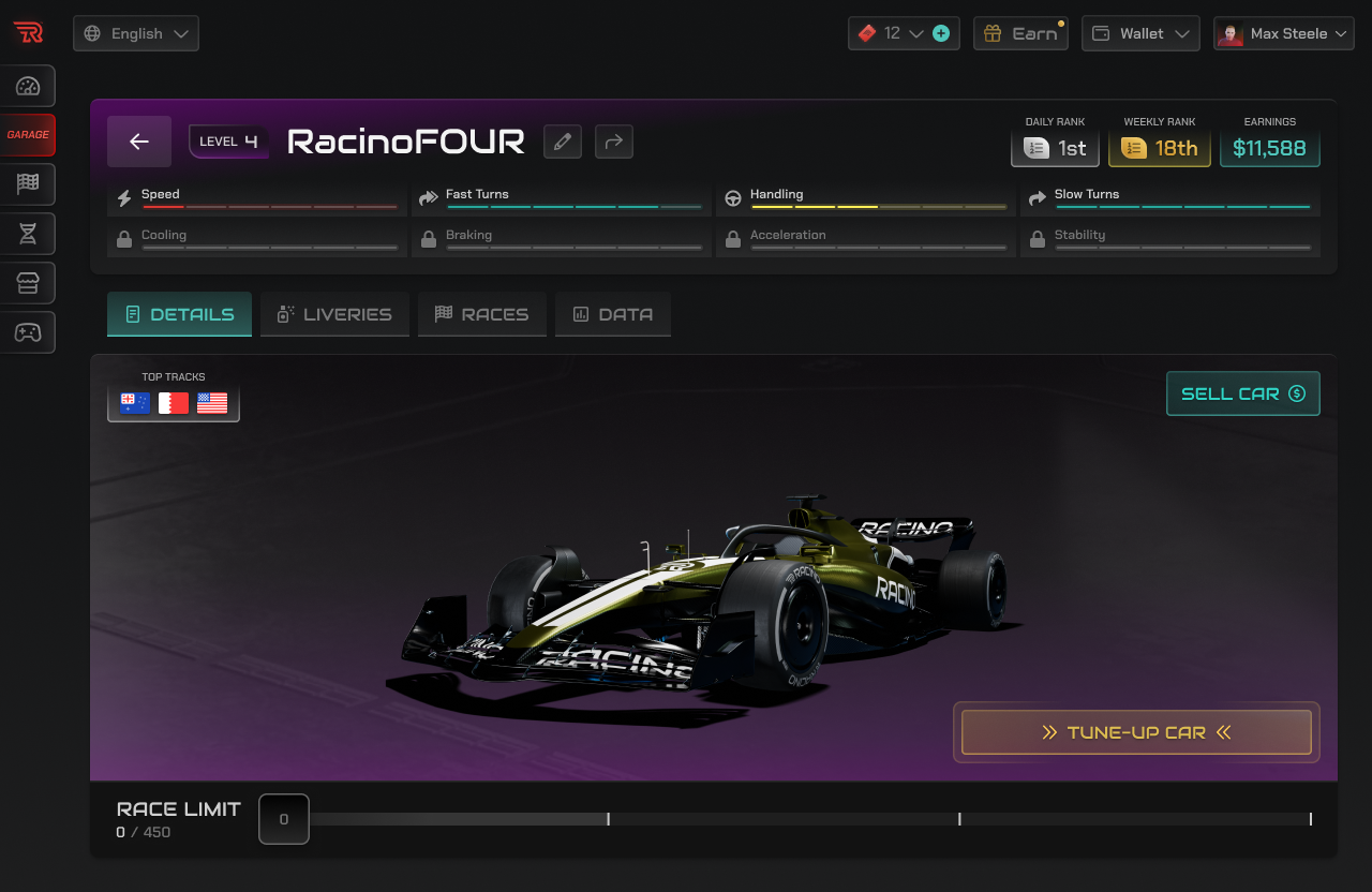 A details view of your car with all stats, end of life and upgrade / tuning actions.