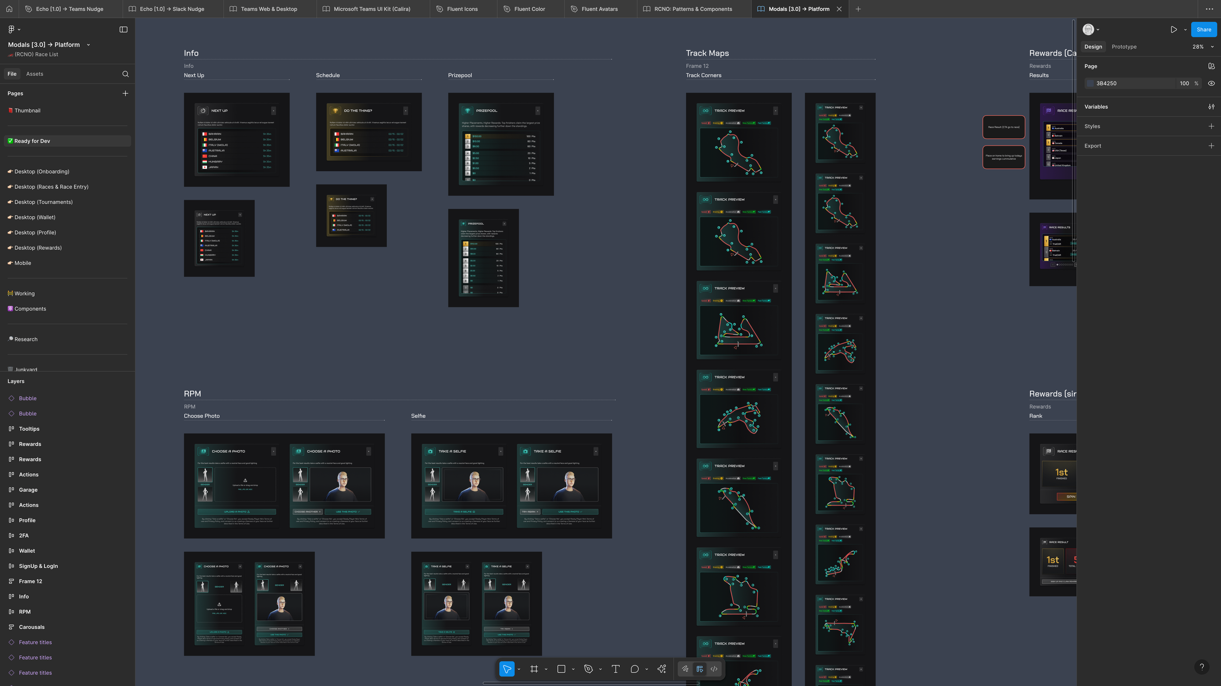 Overview of various Racino Design System UI components, including examples of Modals and data visualization elements like Track Maps and PPM (Punter Performance Metrics) layouts, emphasizing a comprehensive UI kit.