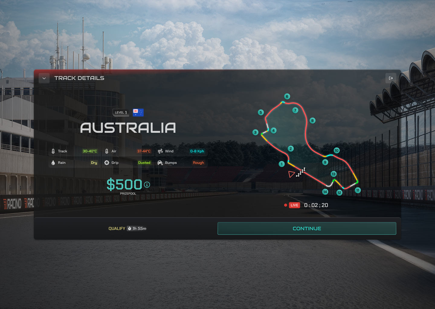 Unity driven full screen experience for the pro users. A complete rundown of track conditions and track information.