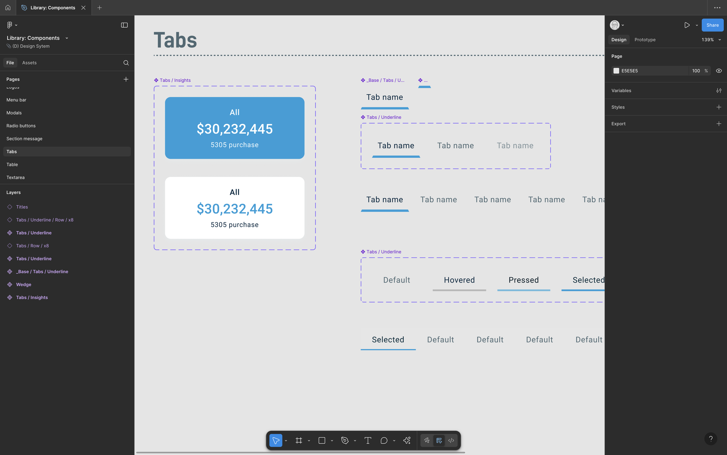Design System documentation of the Datto Commerce Headers/Main UI components, showcasing aggregated data cards for Sales, Purchases, Suppliers, and Quotes dashboards for MSP efficiency.
