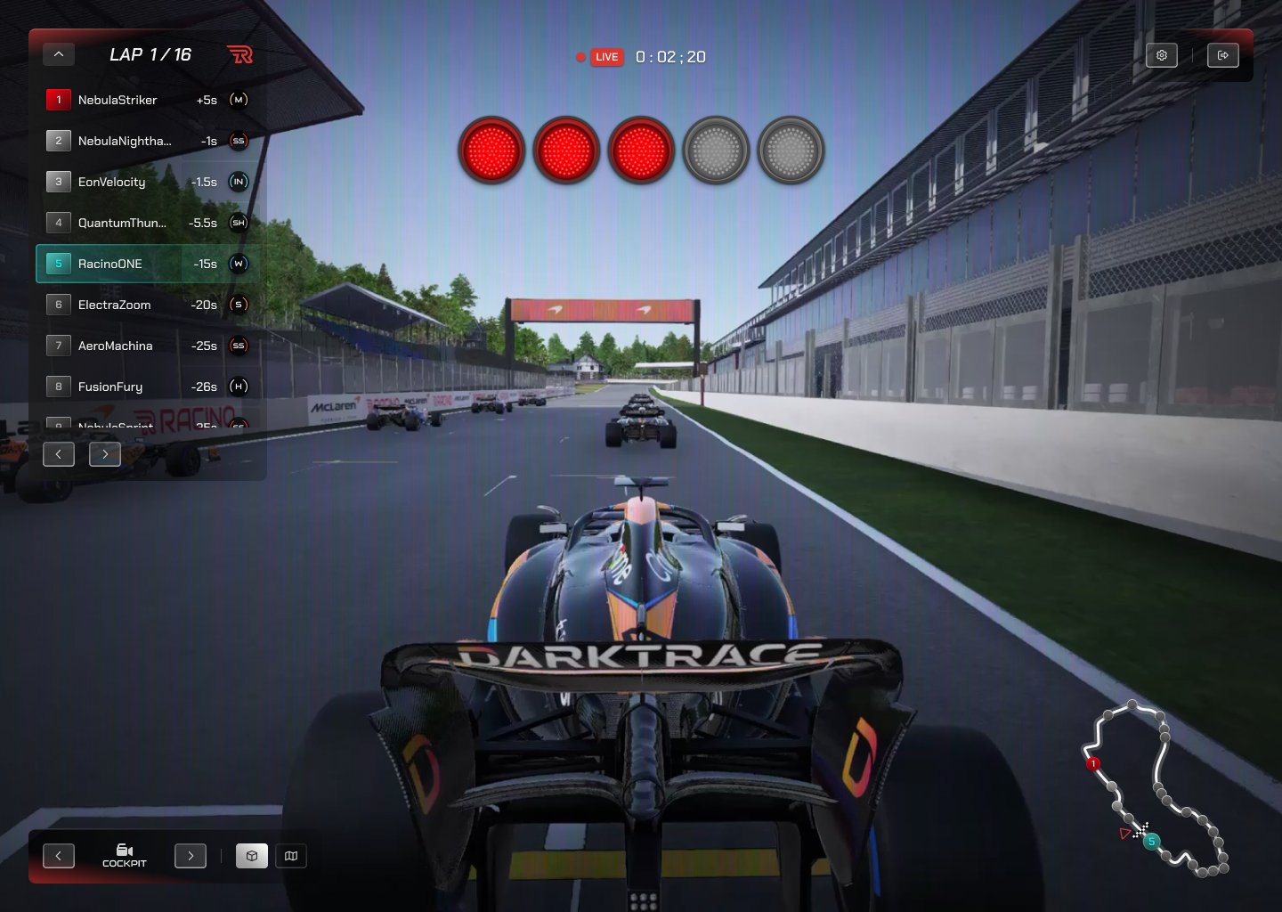 An in-race view for full camera switching, live viewing and car selection. Also full settings available to tweak to your desired desktop hardware.