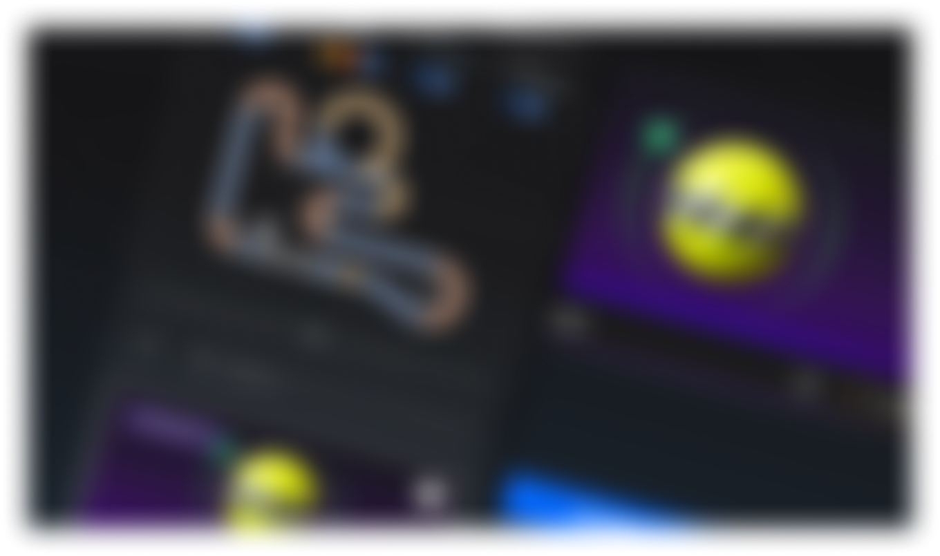 A blurry screenshot of a computer screen showing a video editing or graphic design application with a dark interface, various tools, a purple gradient background, and a yellow logo with black stripes.