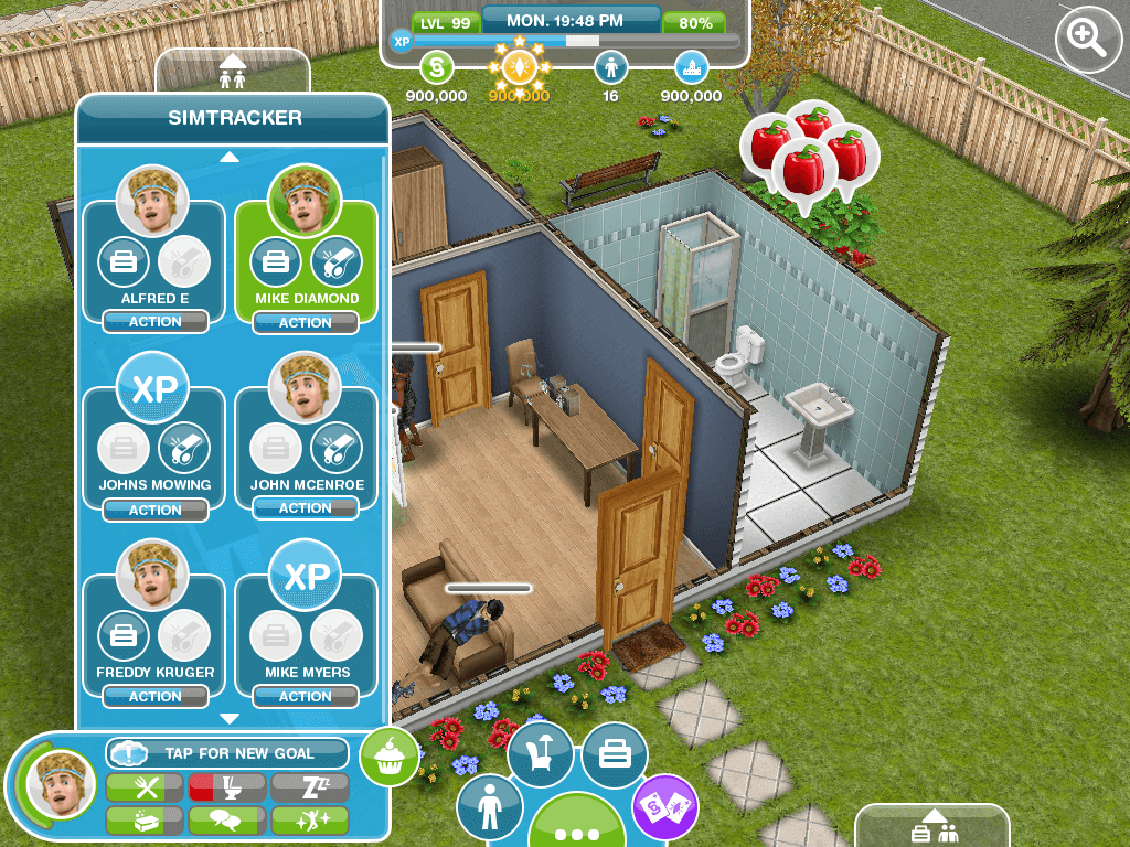 In-game screenshot of The Sims mobile interface featuring the SimTracker panel, listing multiple Sims like 'Mike Diamond' and 'Alfred E' and showing their active status and experience (XP) levels.