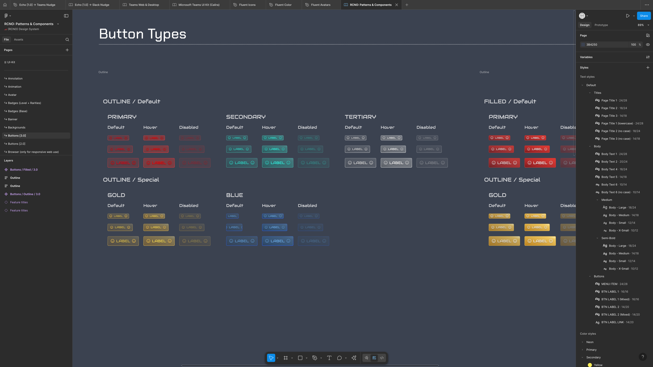 Detailed UI/UX documentation of the Racino Design System Button Types, illustrating styles for Primary, Secondary, Tertiary, Outline, and Filled buttons in Gold and Blue for different states (Default, Hover, Disabled).