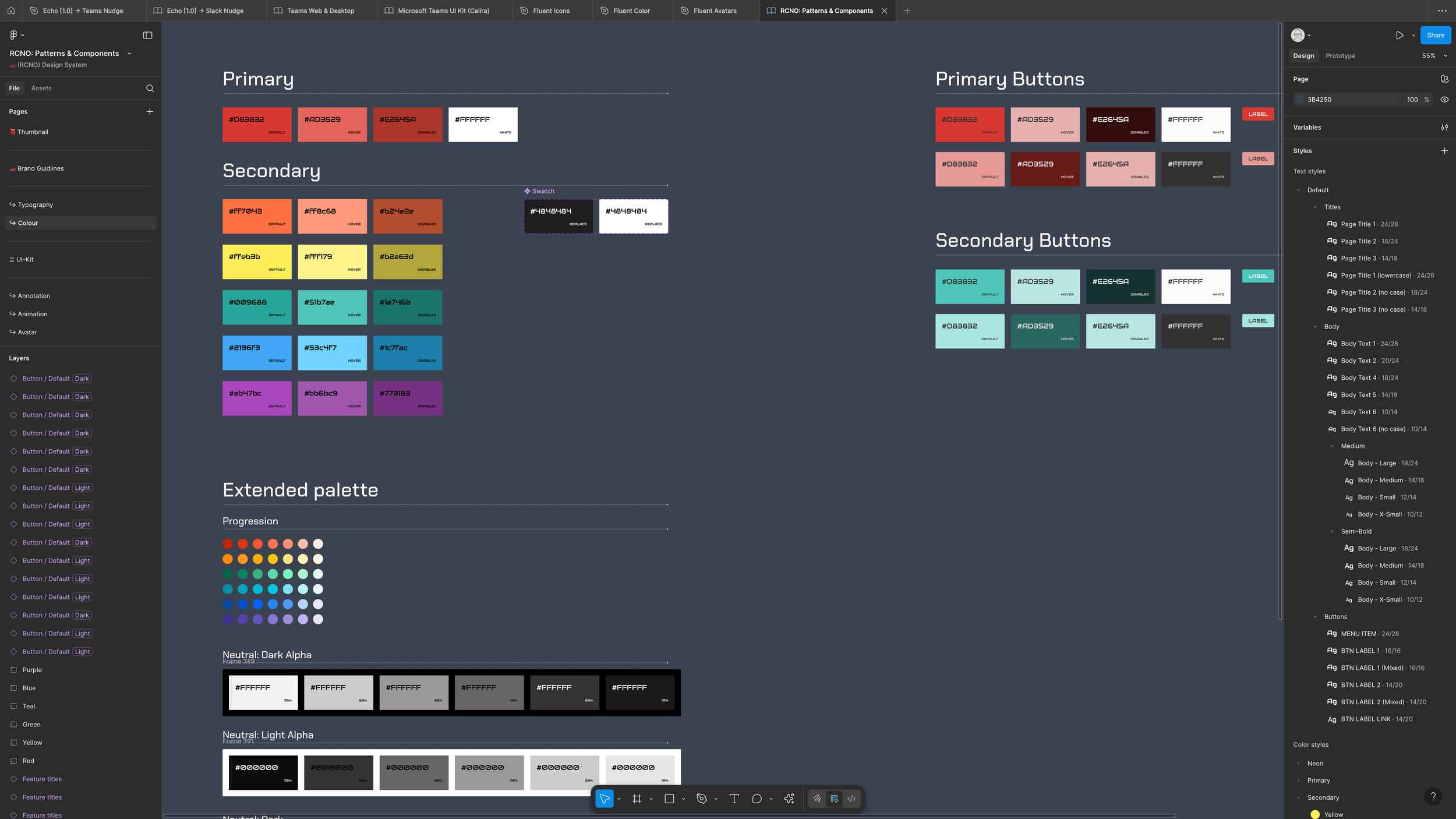The Racino Design System Colour Palette documentation, detailing Primary, Secondary, and Extended color swatches along with specific colour groups for Primary Buttons and Secondary Buttons.