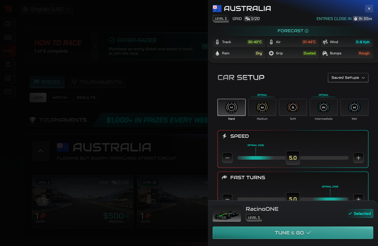 Streamlined race entry with everything need to make the best informed decisions towards selecting the right car for the right track and conditions.