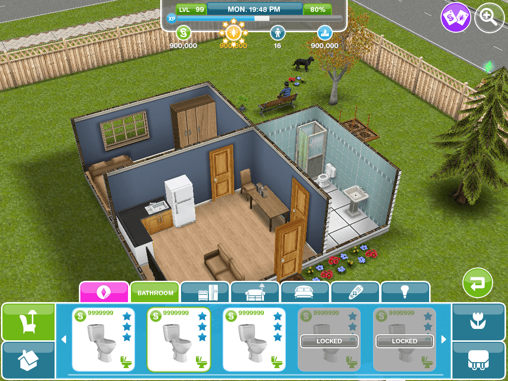 In-game screenshot of The Sims mobile house building mode, focusing on the Bathroom item selection and furniture placement, demonstrating the user interface for building and decorating.