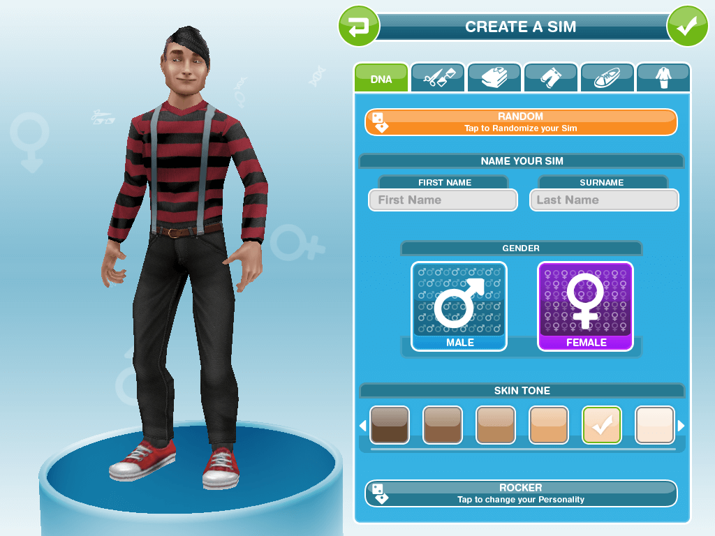 UI/UX design for The Sims mobile game's Create a Sim (CAS) screen, showing the Gender and Skin Tone selection, with a male Sim in 'Rocker' personality being customized.