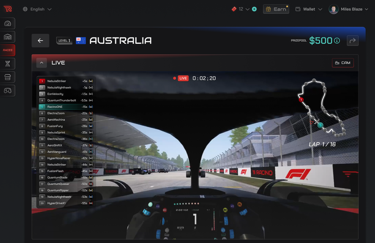 Full racing viewing for entry or replays of races. Designed with a compact intuitive experience in mind responsively.