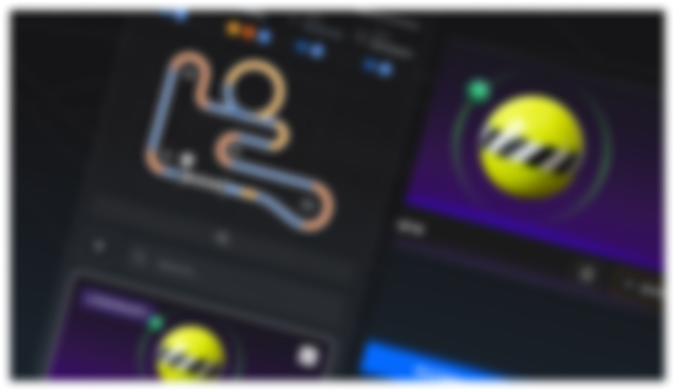 A blurry screenshot of a computer screen showing a video editing or graphic design application with a dark interface, various tools, a purple gradient background, and a yellow logo with black stripes.