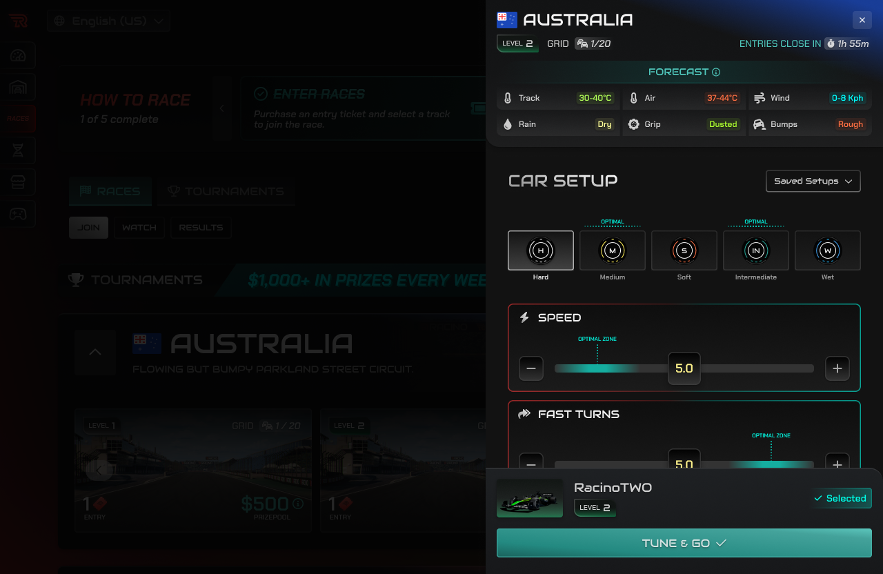 Tune you car towards the best outcomes based on individual car stats to help curve towards the finishing line.