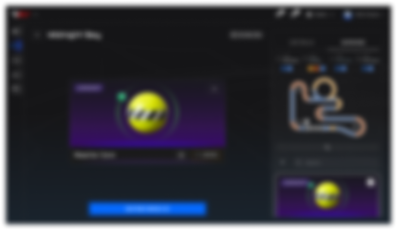 A blurry screenshot of a computer screen showing a video editing or graphic design application with a dark interface, various tools, a purple gradient background, and a yellow logo with black stripes.