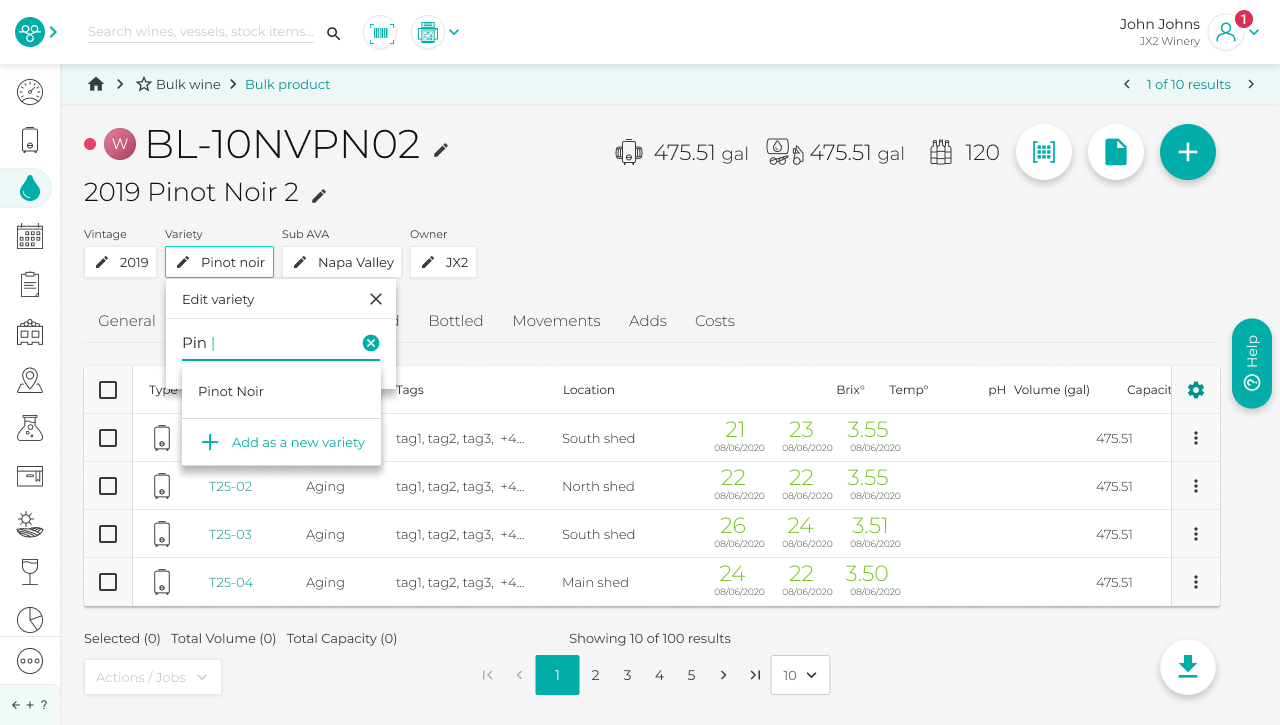 A screenshot of a wine and vineyard management software interface showing various sections, including tank volume details, wine list, and analytics with charts and data points.