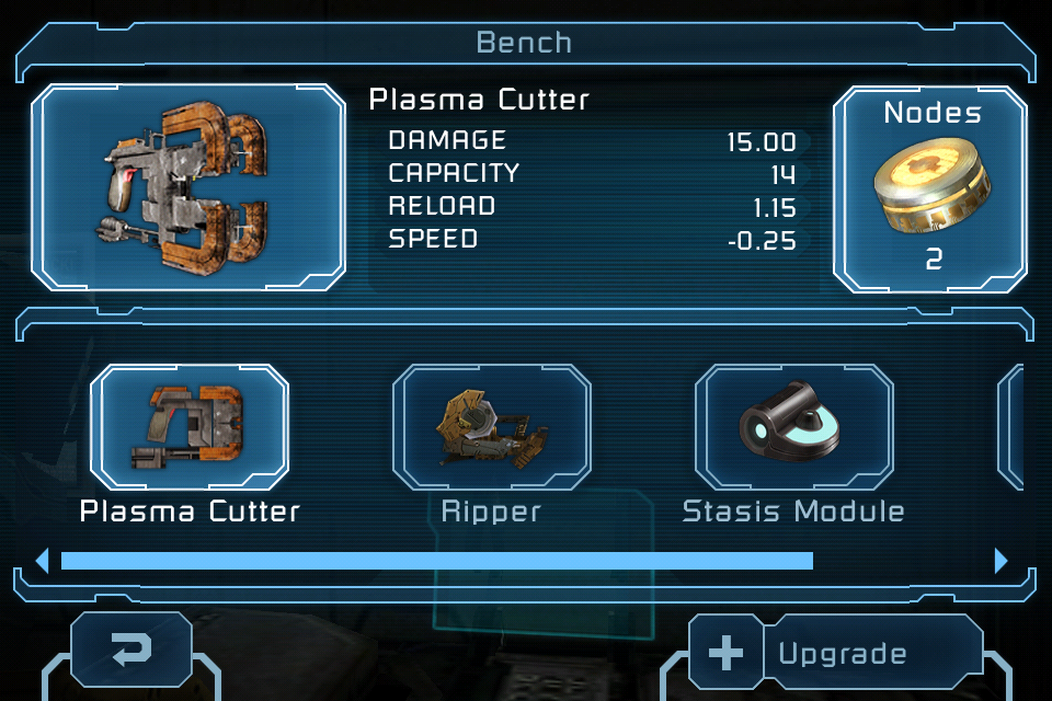 UI/UX design for the Dead Space mobile game Store interface, displaying items like the Heavy Pulse Rifle, Plasma Energy, and Power Nodes available for purchase with Credits.