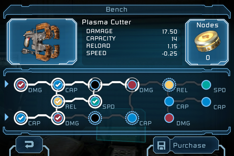 UI/UX design for the Dead Space mobile game Plasma Cutter weapon upgrade Bench screen, showing the Power Node progression tree for Damage, Capacity, Reload, and Speed stats.