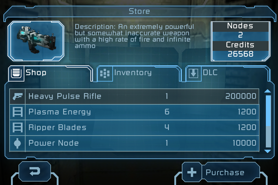 UI/UX design for the Dead Space mobile game Bench screen, showcasing the three selectable items for upgrade: the Plasma Cutter, Ripper, and Stasis Module, along with stats.