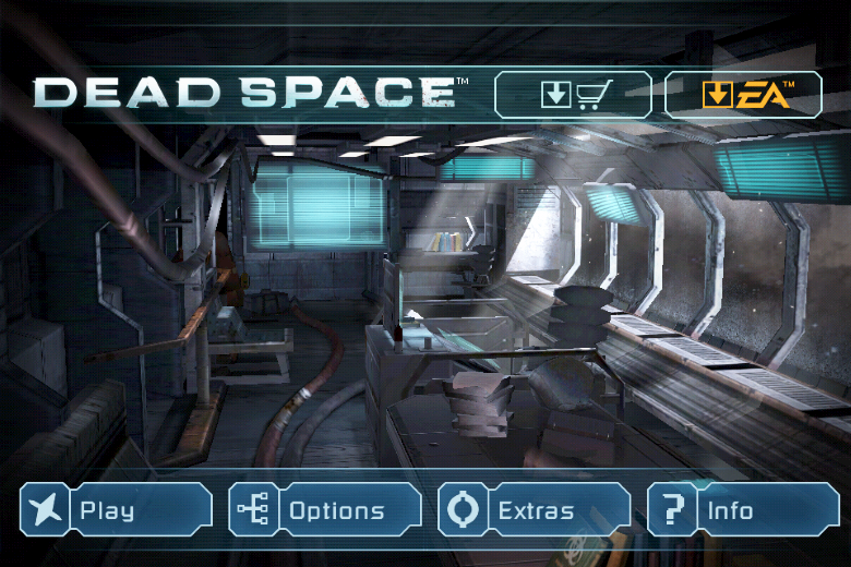 The main title screen for the Dead Space mobile game featuring a gritty, futuristic ship interior as the background and neon-blue UI buttons for Play, Options, and Extras.