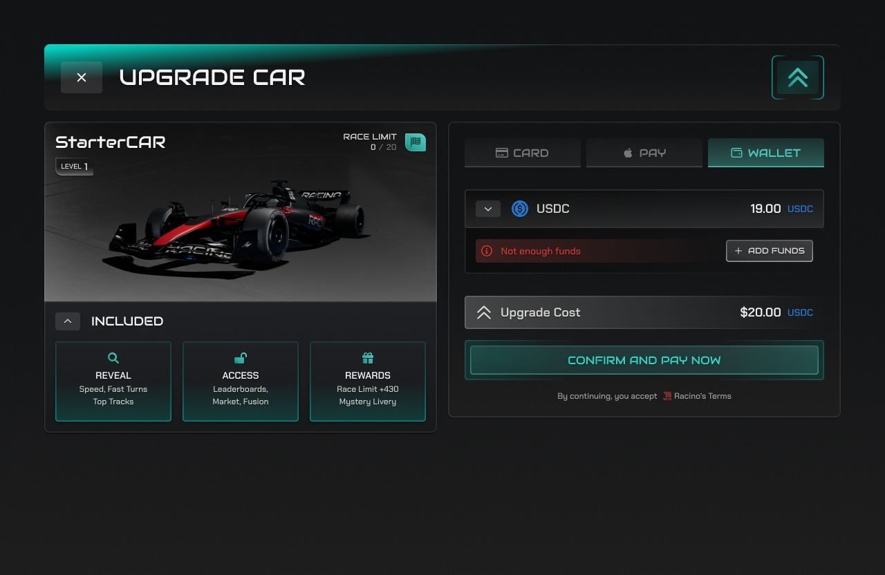Car upgrades with stat increases and payment methods.
