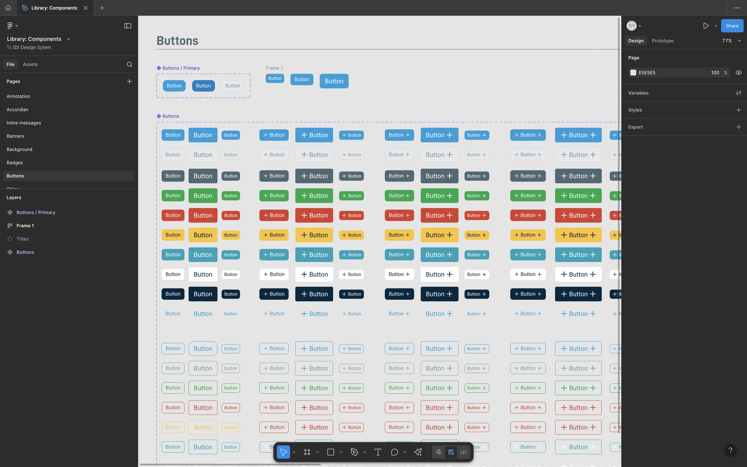 UI/UX specification for Datto Commerce Buttons, displaying size and state variations for Primary, Secondary, Outline, and Disabled button types as a core part of the platform's Design System.