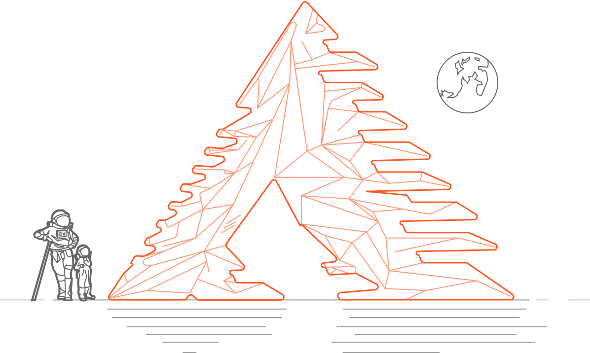 Line art illustration of an astronaut and a dog standing next to a large, geometric mountain carved into ice, with a small Earth in the background.