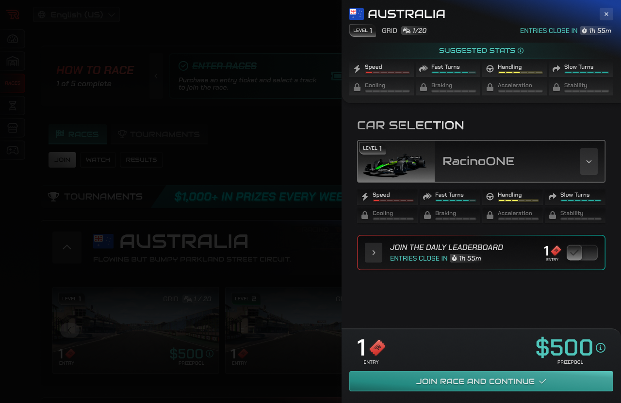 Streamlined race entry with everything need to make the best informed decisions towards selecting the right car for the right track and conditions.