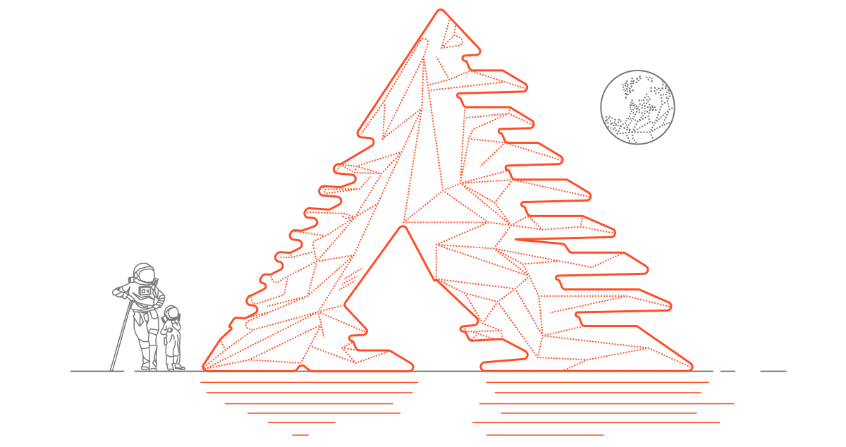 A neon outline drawing of a large ice formation, with two explorers in winter gear looking at it, and a night sky with the moon and stars.