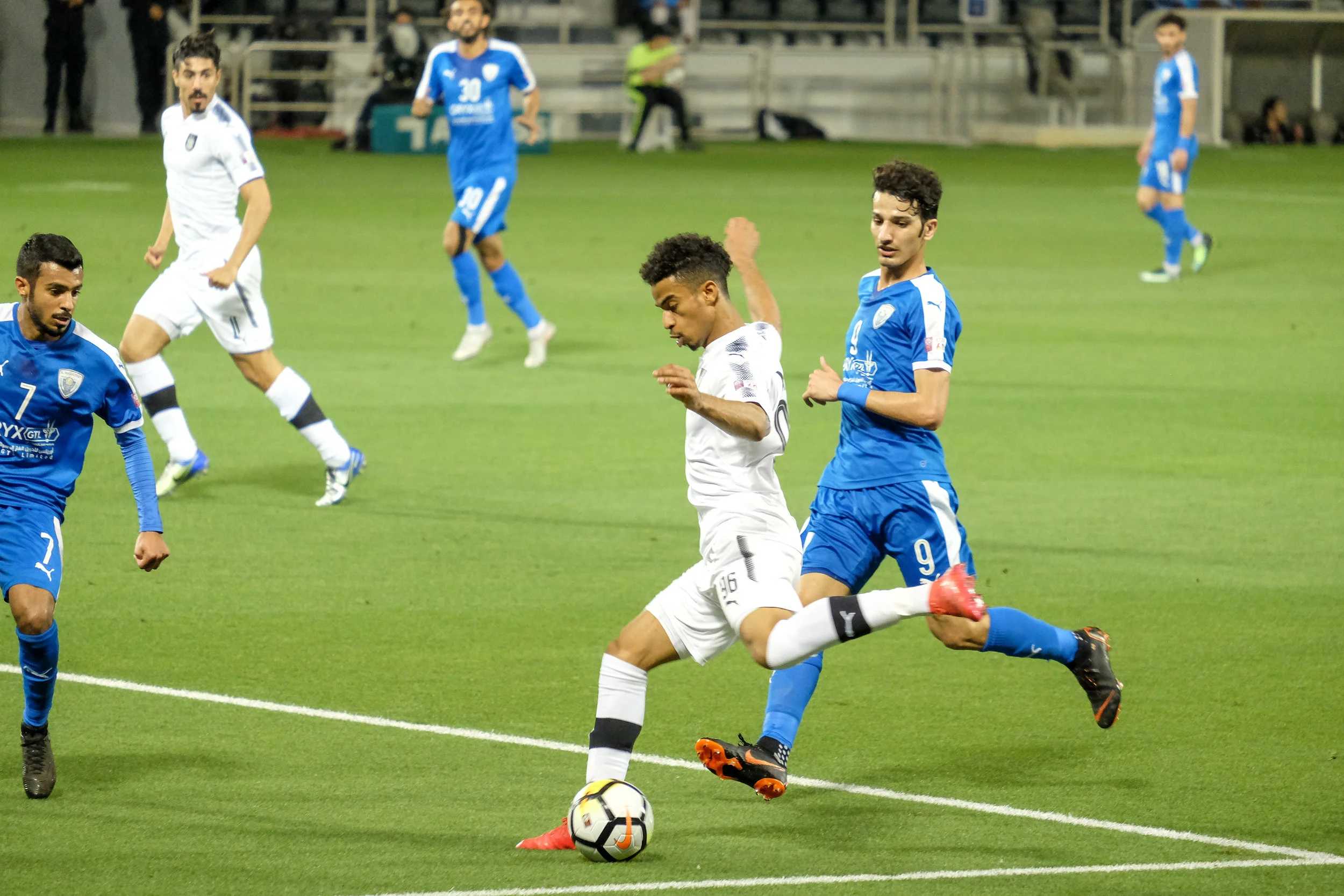 Qatar international Akram Afif bears down on goal during Al Sadd's demolition of Al Kharitiyath in April.&nbsp;