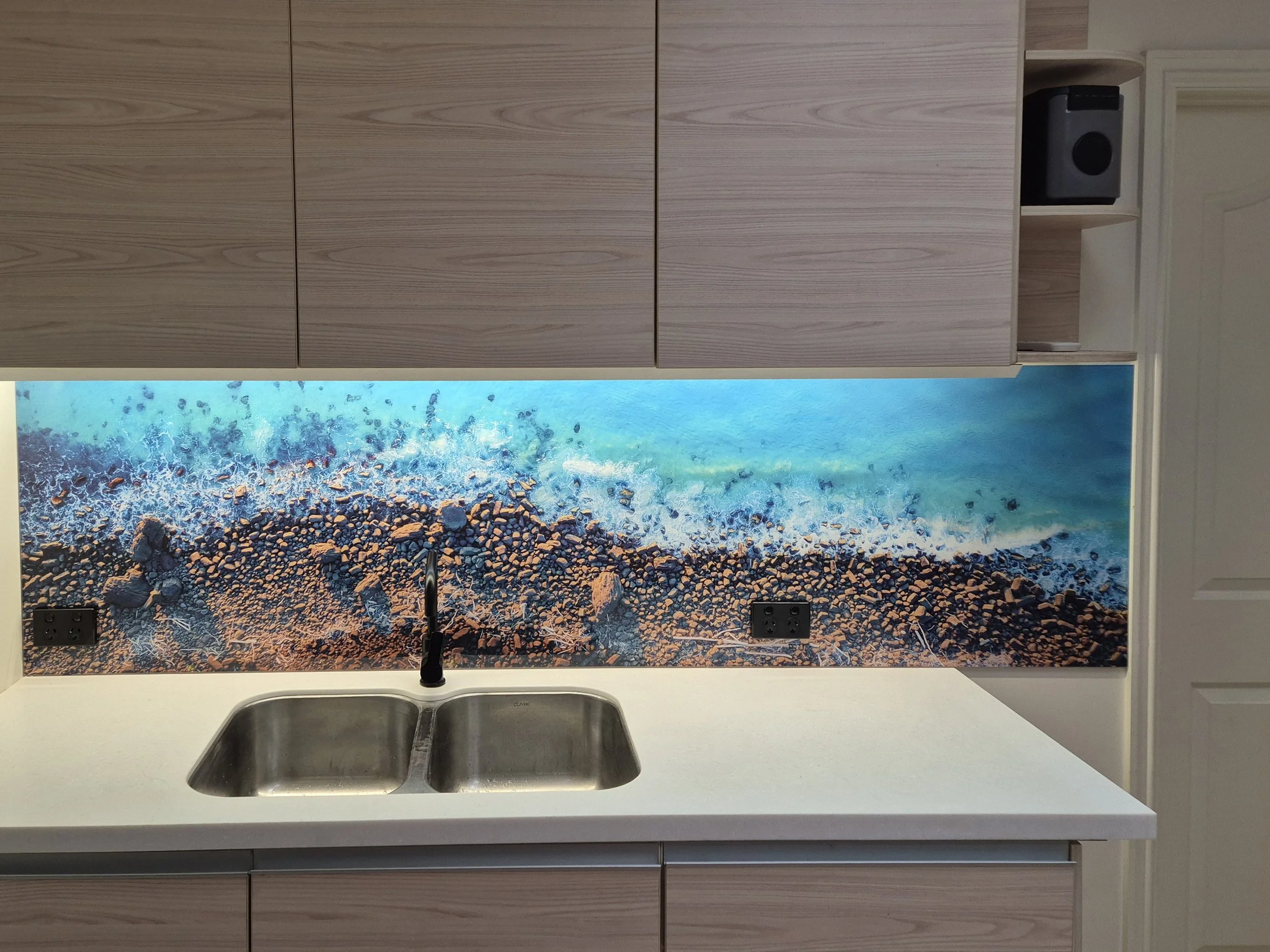 Aerial beach image printed acrylic splashback