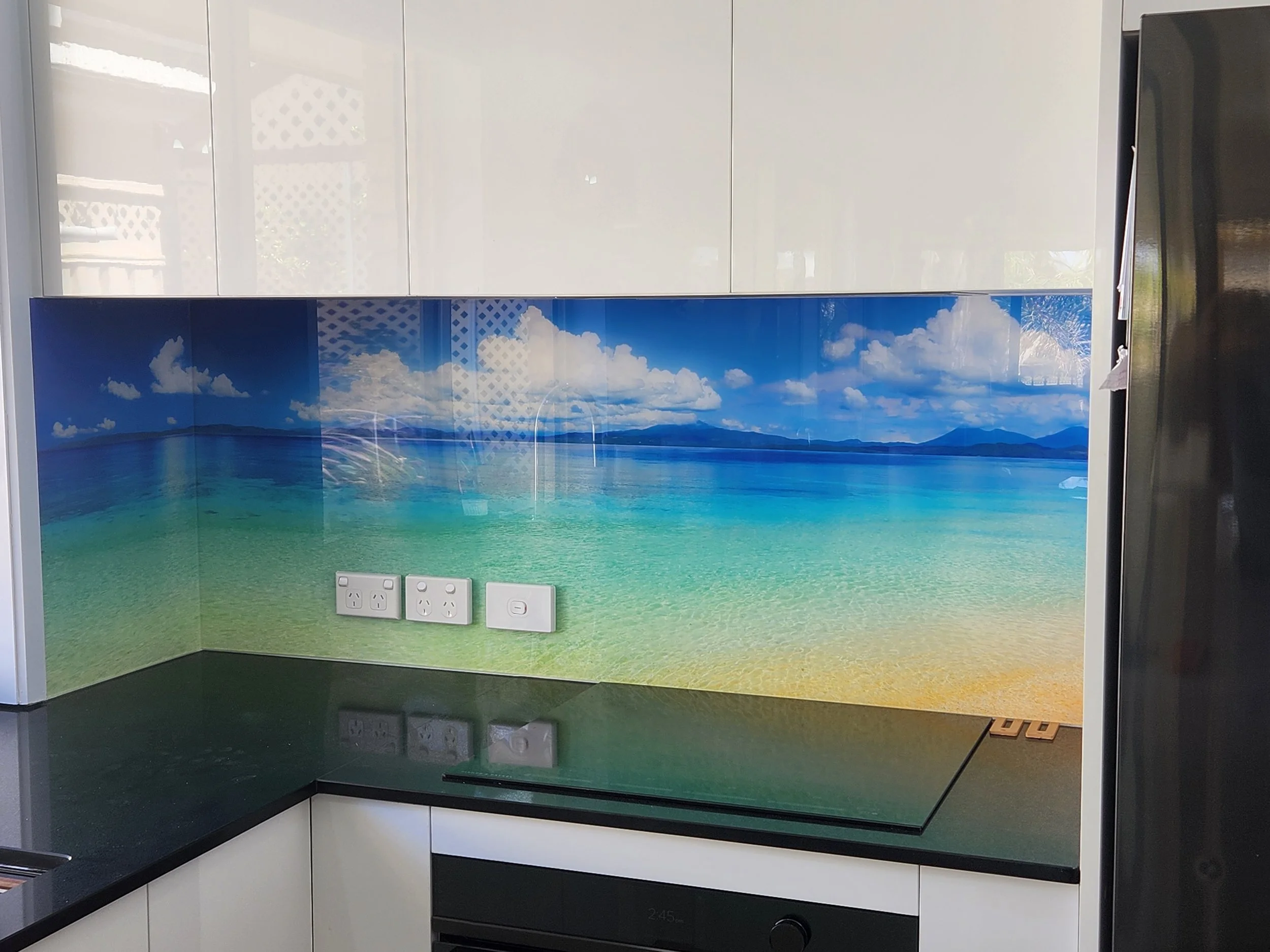Water and beach printed kitchen acrylic splashbacks