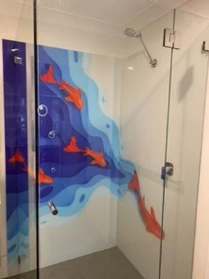 Abstract goldfish image printed acrylic shower splashbacks