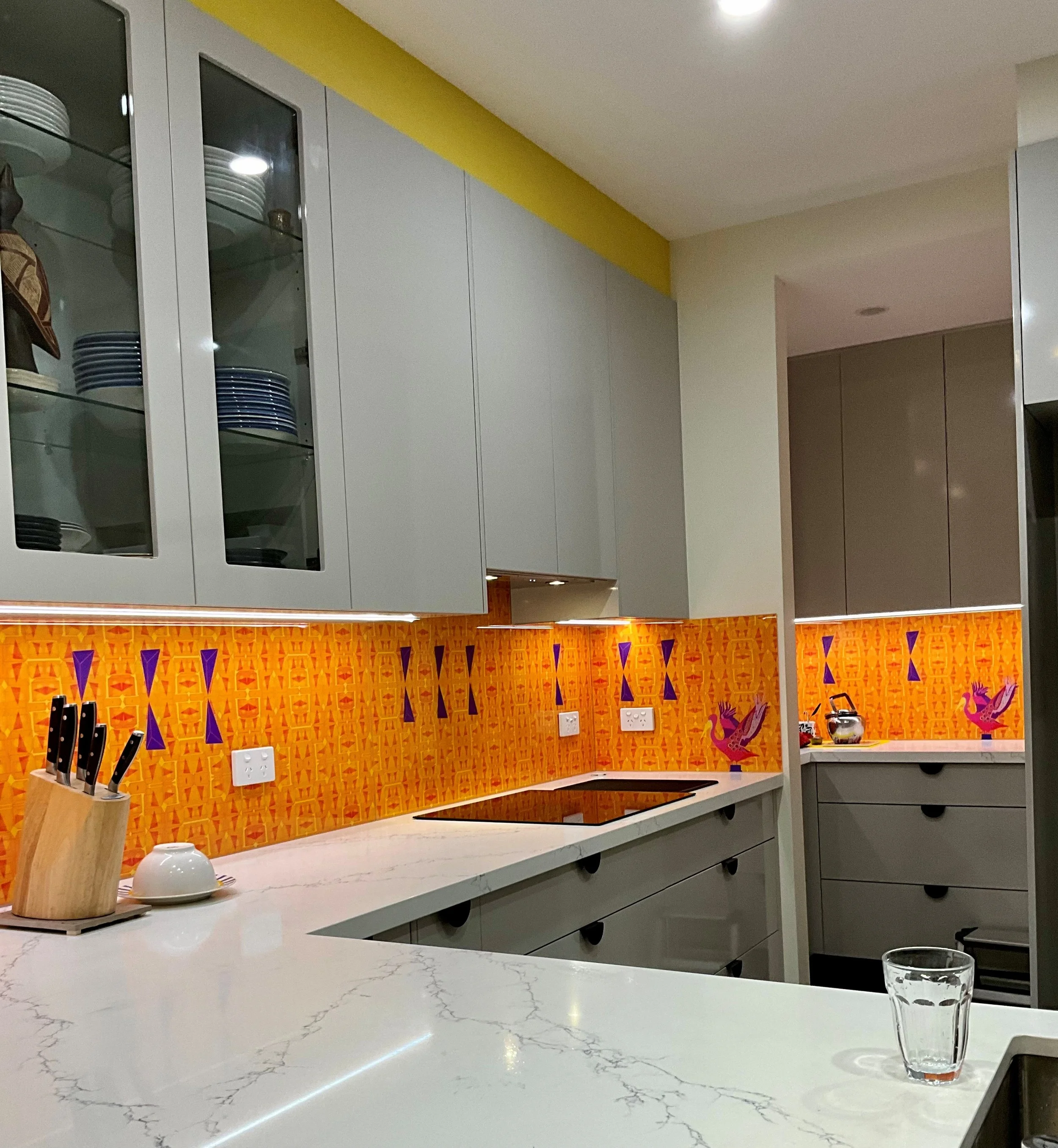 Geometric shape and colorful printed acrylic kitchen and pantry splashbacks