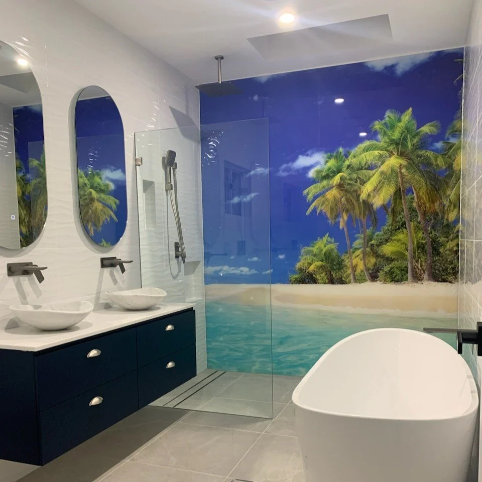 Printed acrylic bathroom feature wall