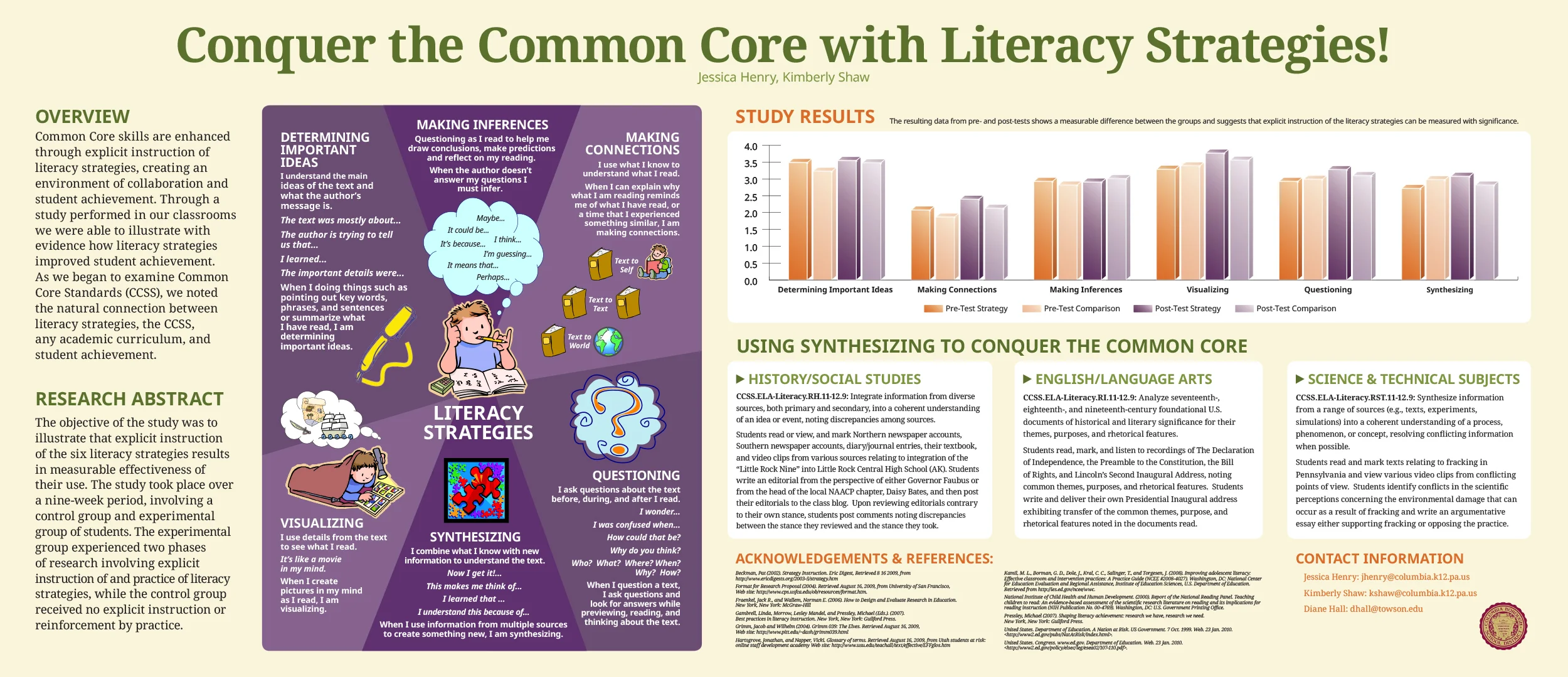  Poster presentations created for National Council of Social Studies conferences.  "Conquer the Common Core" details a high school Social Studies and English study that tracked student performance before and after learning literacy strategies. Study 