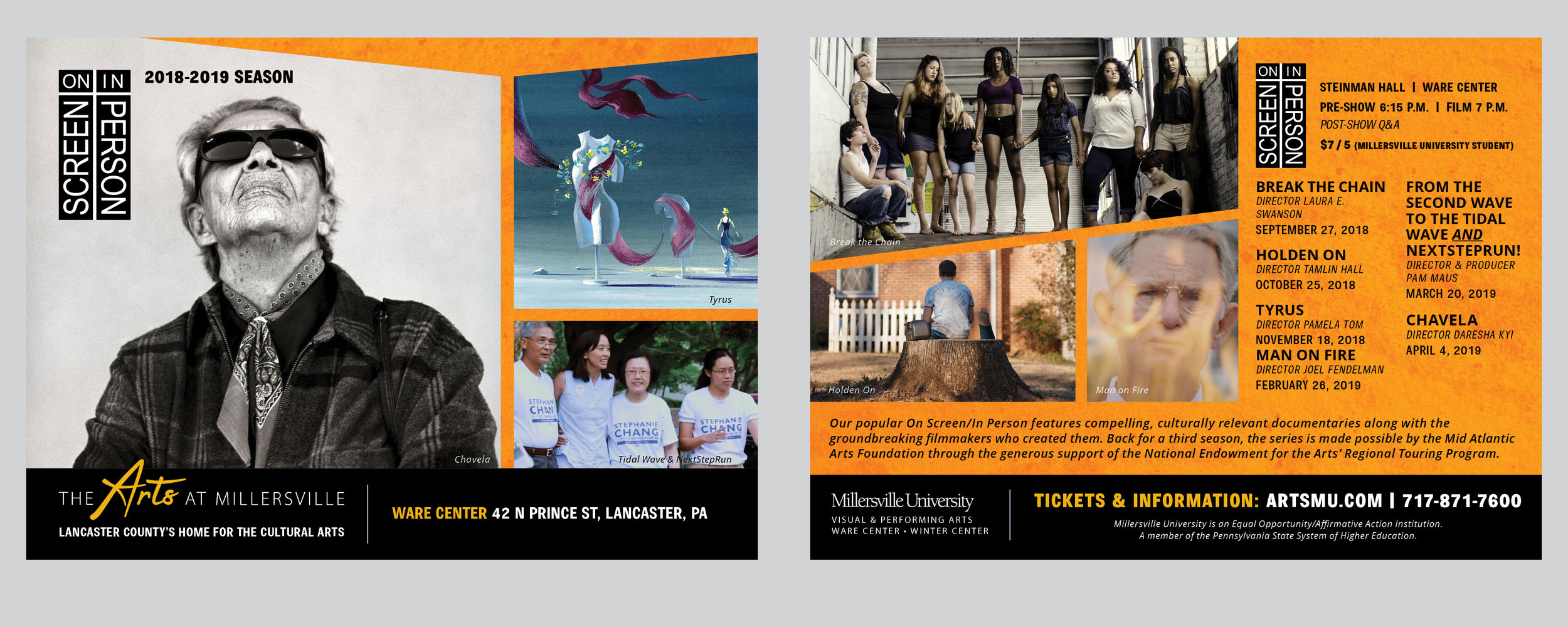  Postcard highlighting the powerful On Screen In Person film series. 