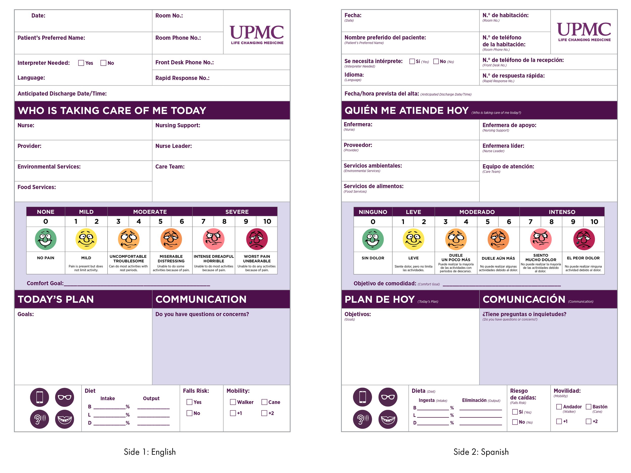  UPMC Communication Board sample. Over 10 board types created in a variety of sizes per hospital needs. English versions designed then given to UPMC translation services for translation into Spanish, Arabic, French, Nepali, and Vietnamese. English tr