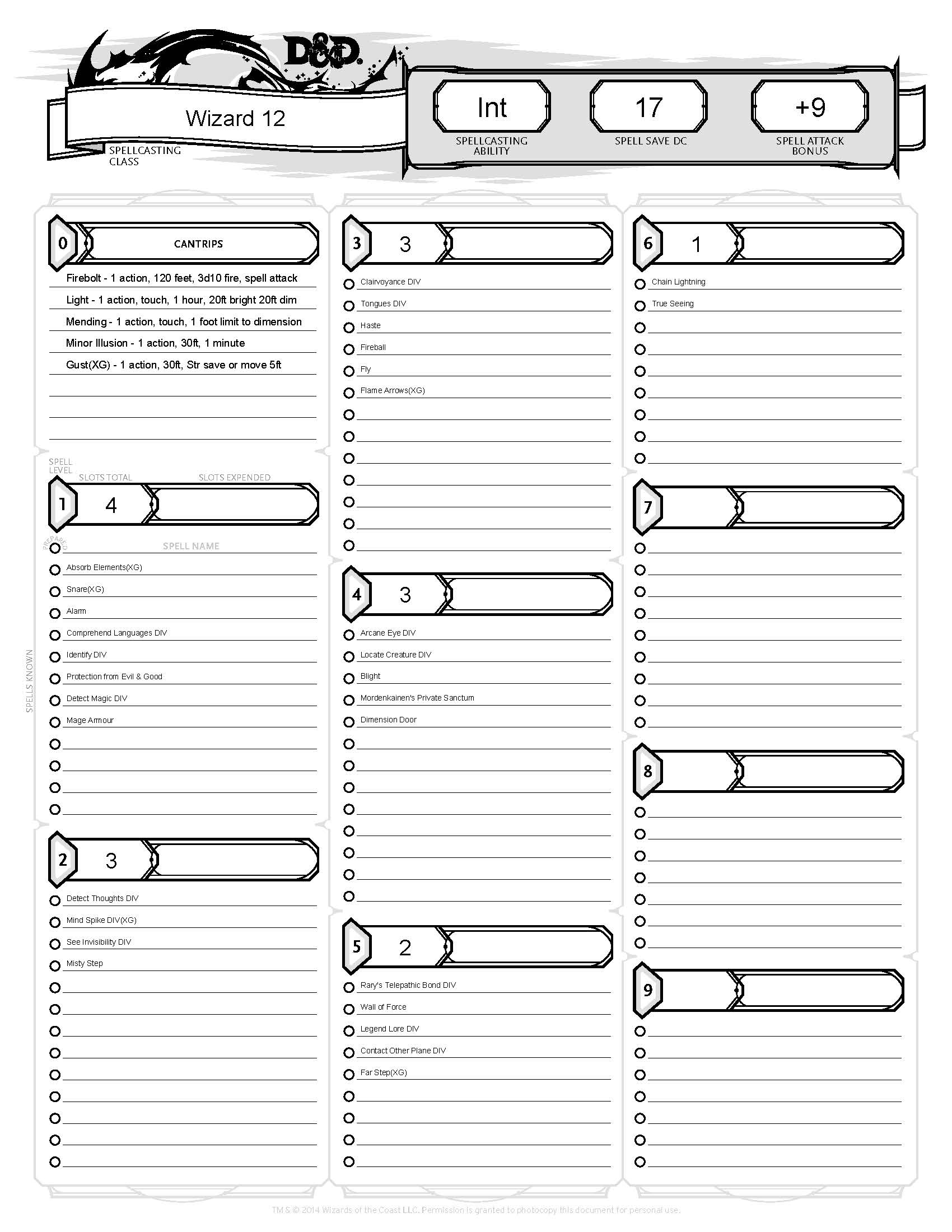 Wizards Of The Coast 5E Character Sheet - Spellcasting Sheet Optional ...