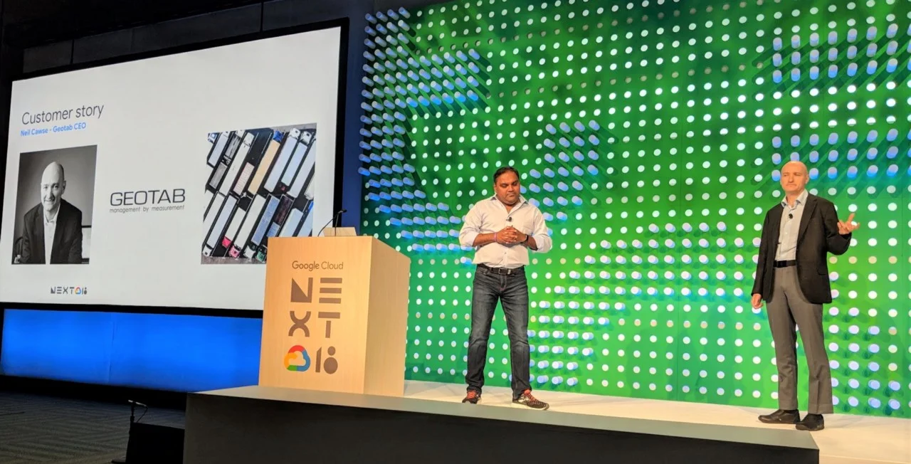 Geotab CEO, Neil Cawse, spoke about the power of BigQuery in a spotlight session at Google Cloud Next 2018 (Source: Geotab )