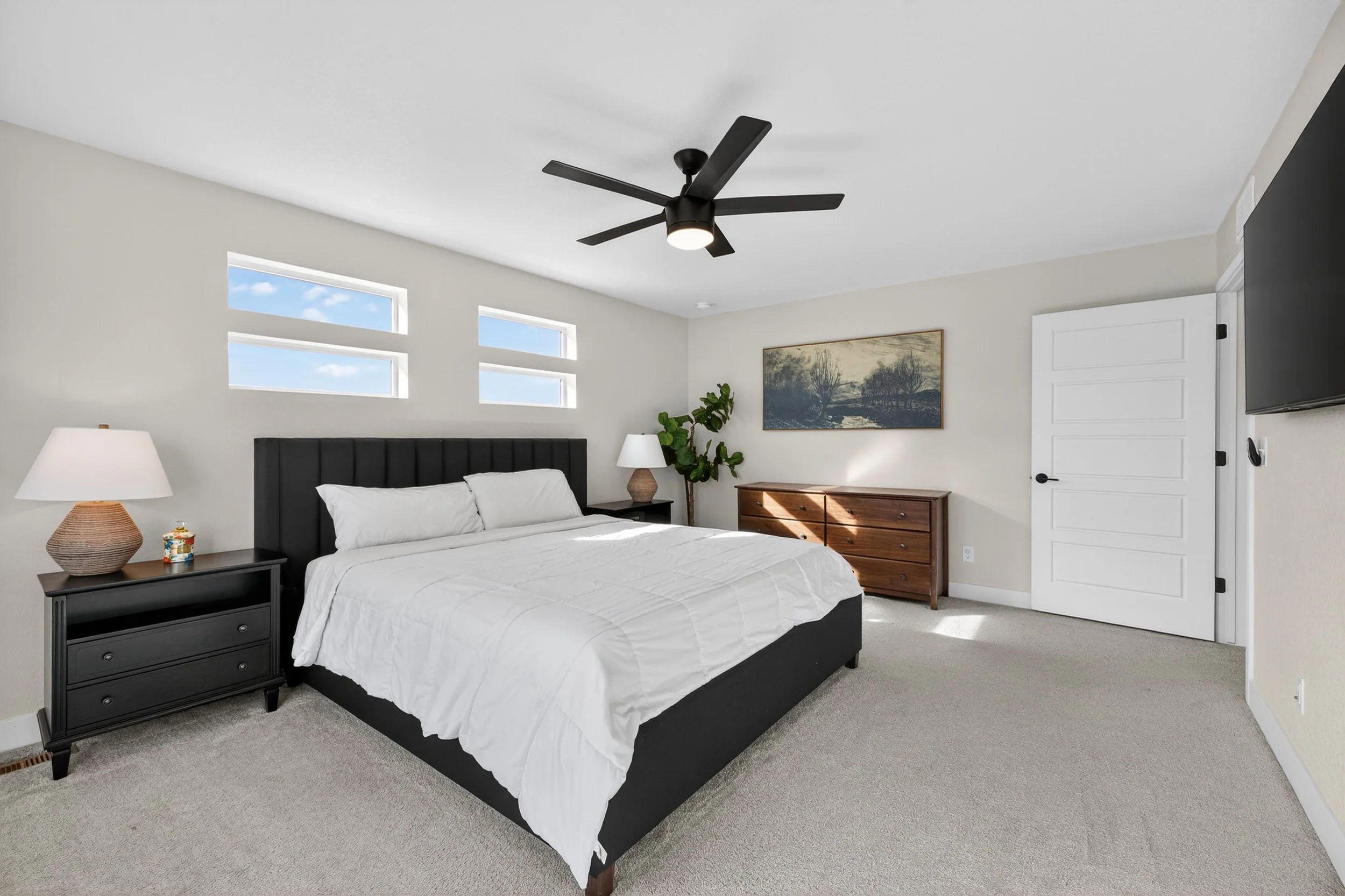 Bedroom with a black bed frame, white bedding, two nightstands with lamps, a wooden dresser, a plant, a wall art piece, and a flat-screen TV mounted on the wall.