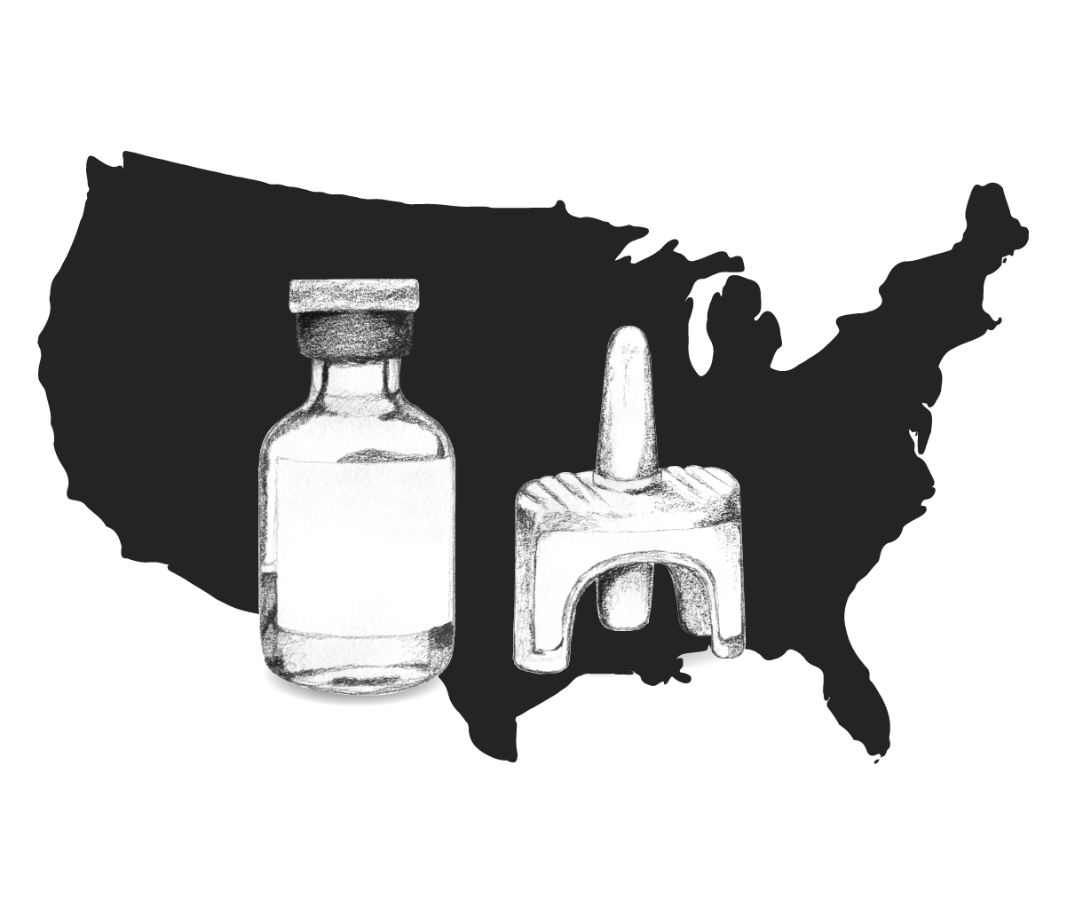 Intramuscular and intranasal naloxone overlaid on US map