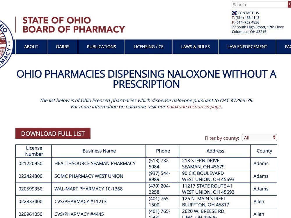 State of Ohio Board of Pharmacy website screensho