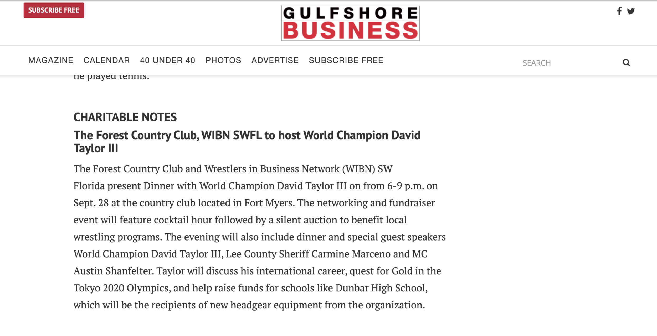 Gulfshore Business recently profiled WIBN SW Florida’s upcoming event featuring World Champion David Taylor. LINK