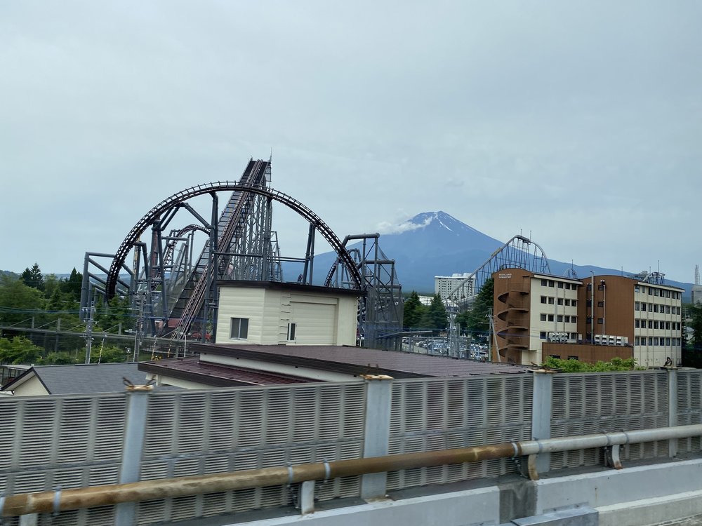 Mt. Fuji behind roller coasters