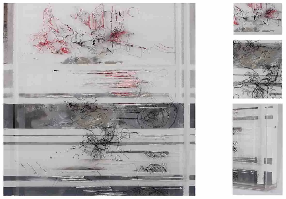 Kussmaul, S. Microbes, rhythm, big construction , 2014. Transparent fabric, thread, canvas, acrylic paint, in Perspex box.