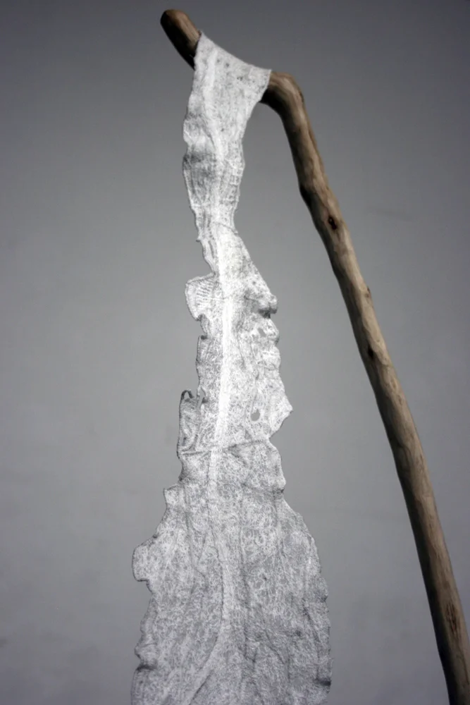 ‘Hanging by a thread’ Branch, thread, concrete 240 x 100 x 50 cm