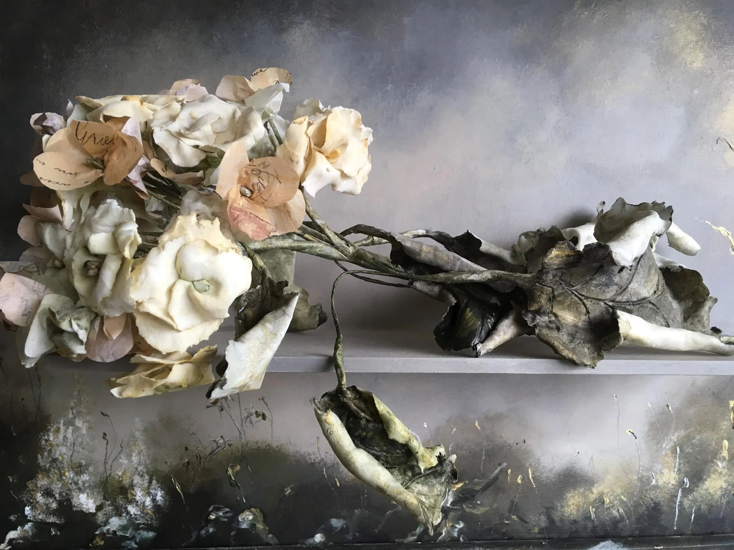 A Breath away from Withering II, porcelain, paint, paper, Caroline Lingwood, 2017.