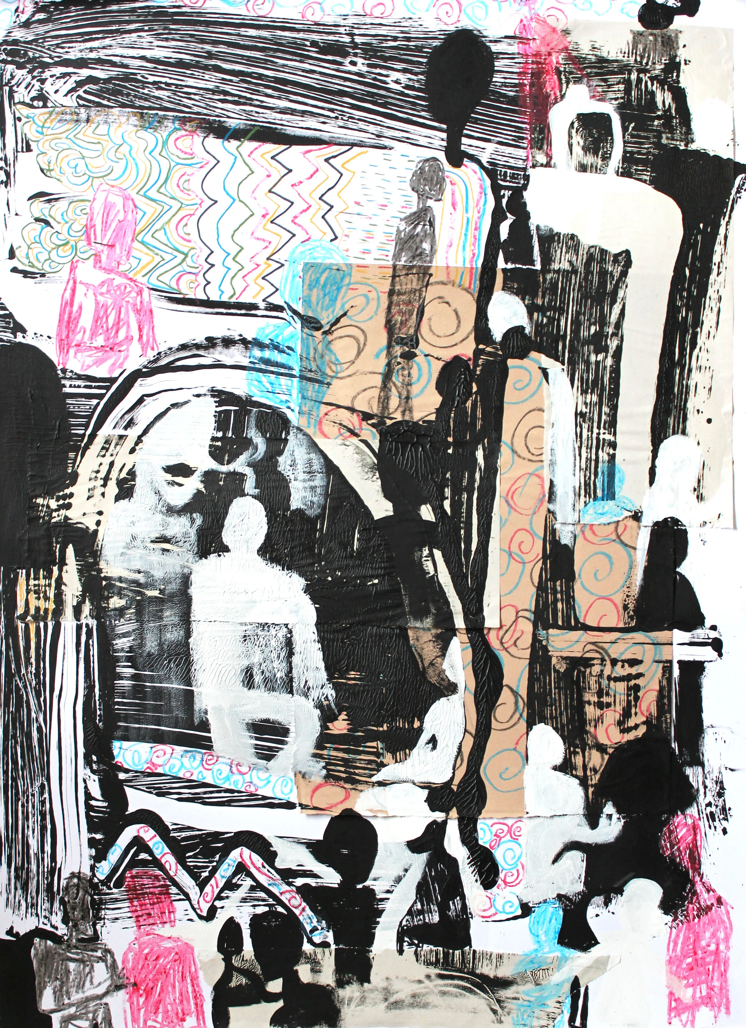 Louise MontgomeryMan looking.   Monoprint, collage, acrylic paint and crayon drawing. 84x59 cm‘The artwork often walks the line between the calm and the chaotic, questioning how we can view the world, creating a consensus reality that in fact isn’t …