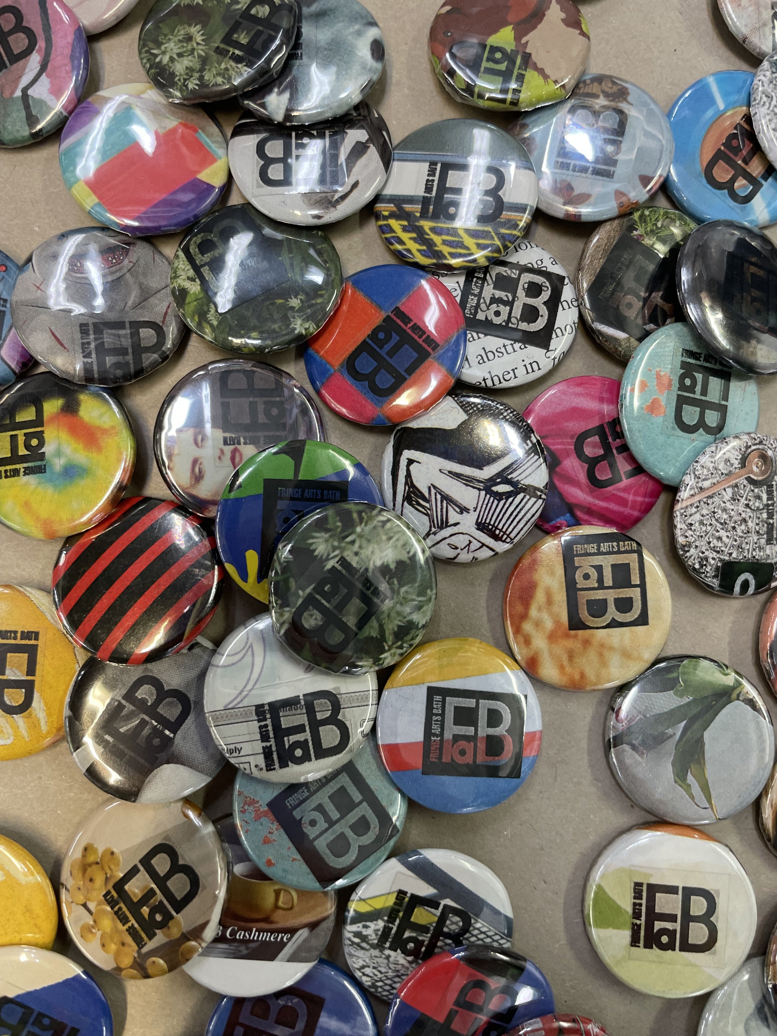 FaB badges made by volunteers from Bath College for FaB 2023