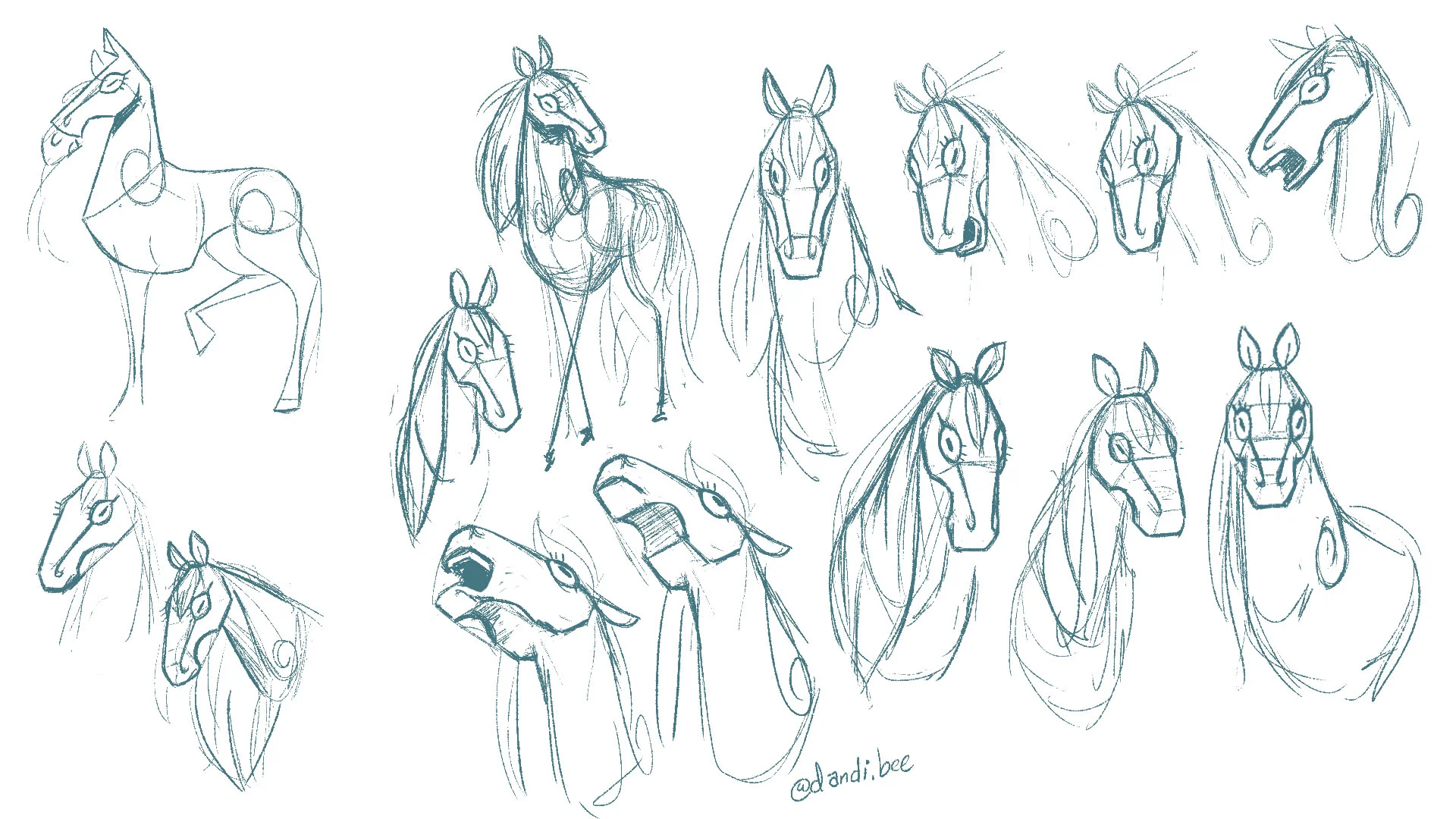  Initial Horse Head Sketches to test the head volume from different angles 