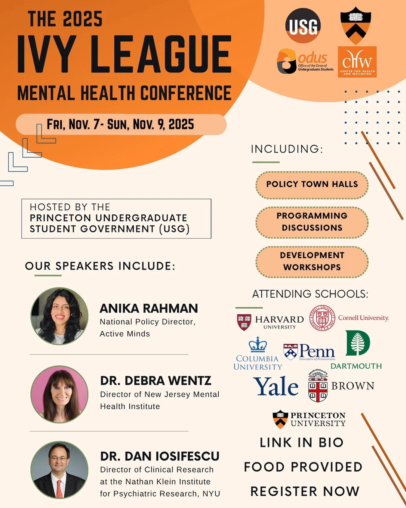 USG’s Mental Health Committee is excited to announce the return of the Ivy League Mental Health Conference! Held in Robertson and JRR, the conference will bring together delegates from across the Ivy League and incredible speakers.  Food will b